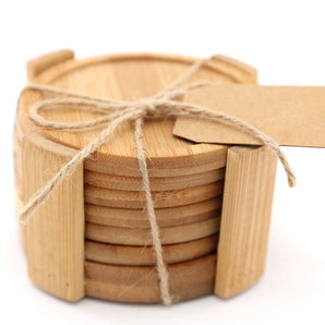 Set Of 6 Round Bamboo Coasters With Holder 12cm