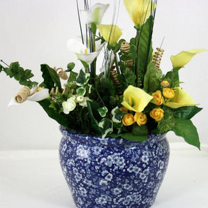 Ceramic Planter, Vintage Blue & White Daisies Design