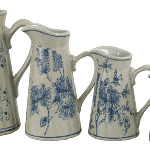 Set of 4 Ceramic Jugs, Vintage Blue & White Magnolia Design