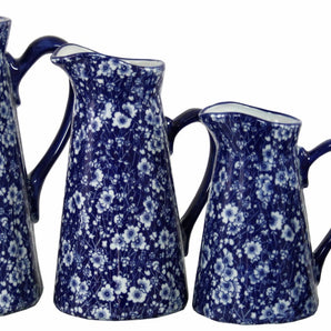 Set of 4 Ceramic Jugs, Vintage Blue & White Daisies Design