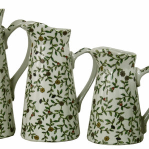 Set of 4 Ceramic Jugs, Vintage Green & White Floral Design