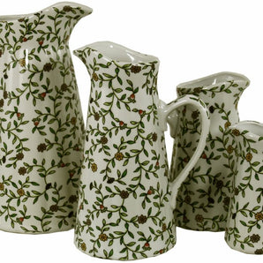 Set of 4 Ceramic Jugs, Vintage Green & White Floral Design