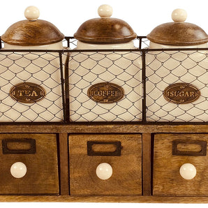 Wooden Cabinet With 3 Jars & Drawers