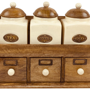 Three Ceramic Jars With Wooden Drawers