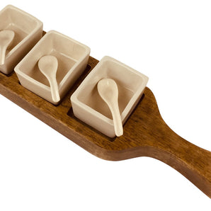 Wooden Tray With Dip Bowls & Spoons 36cm