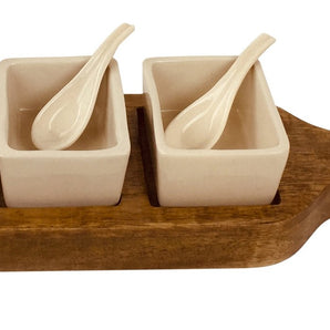 Wooden Tray With Dip Bowls & Spoons 36cm