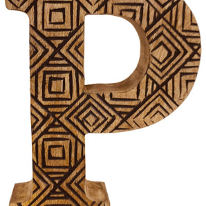 Hand Carved Wooden Geometric Letter P