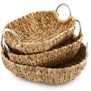 Set of 3 Oval Raffia Natural Baskets With Metal Handles