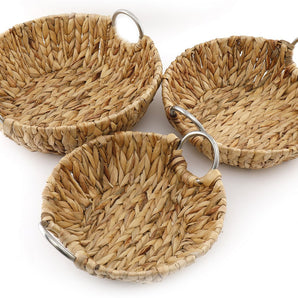 Set of 3 Round Raffia Natural Baskets With Metal Handles