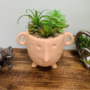 Face Terracotta Pot With Faux Cacti Large