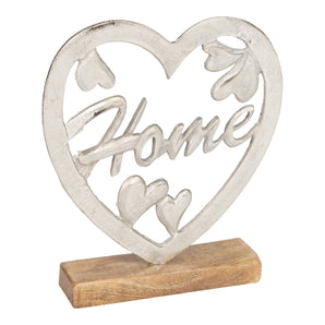 Metal Silver Heart Home On A Wooden Base Large