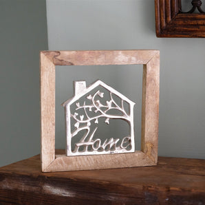 Wall Hanging Silver House In Wooden Frame 30cm