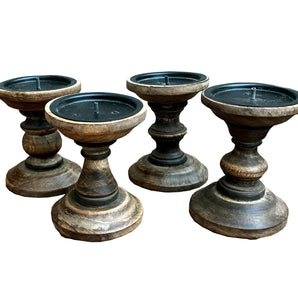 Set of 4 Brown Wooden Candlestick Church Pillar Candle Holders