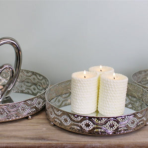 Set Of 3 Silver Metal and Mirrored Candle Plates