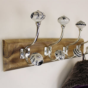 Black & White Ceramic Hooks on Wooden Base