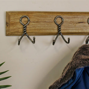 3 Piece Double Metal Hooks On Wooden Base