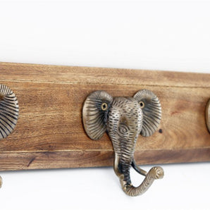 Four Gold Elephant Design Hooks on Wooden Base