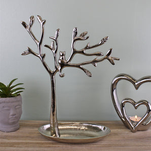 Silver Metal Tree With Cat Jewellery Stand