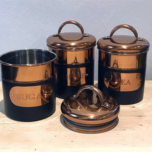 Set of 3 Black & Copper Tea, Sugar & Coffee Tins