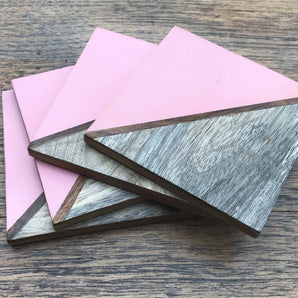 Set Of 4 Square Two Toned Wooden Coasters - Pink