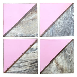 Set Of 4 Square Two Toned Wooden Coasters - Pink