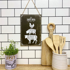 The Tasty Bits Wooden Hanging Plaque in Brown