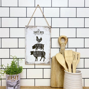 The Tasty Bits Wooden Hanging Plaque in White