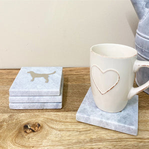 Four Square White Marble Coasters With Gold Dog Design