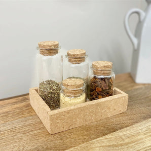 Cork Tray With Four Glass Bottles & Lids