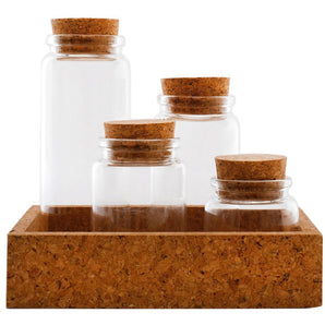 Cork Tray With Four Glass Bottles & Lids