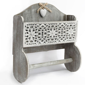 Grey Wooden Kitchen Towel Holder With Cutout Pattern Shelf