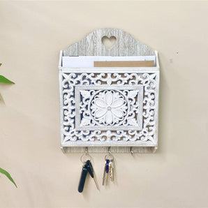 Grey Wooden 3 Hook Key Holder With Cutout Pattern Shelf