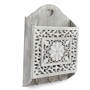 Grey Wooden 3 Hook Key Holder With Cutout Pattern Shelf