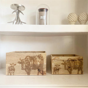 Set Of Two Engraved Cow Crates