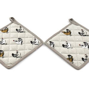 Two Pot Holders With A Chicken Print Design