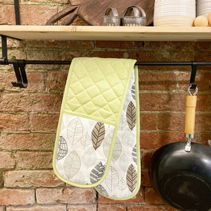 Kitchen Double Oven Glove With Contemporary Green Leaf Print Design