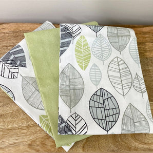 Pack of 3 Kitchen Tea Towels With Contemporary Green Leaf Print Design