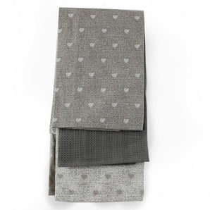 Pack of 3 Kitchen Tea Towels With A Grey Heart Print Design