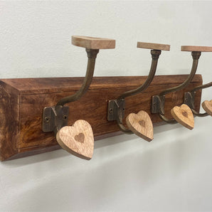 Mango Wood Heart 4 Double Coat Hooks