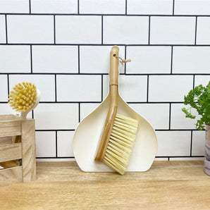 Cream Dustpan & Bamboo Wooden Brush