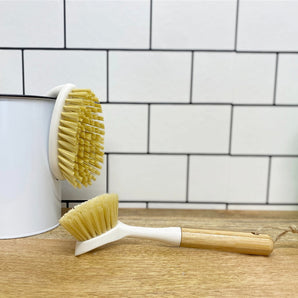 Cream Washing Up Brush with Bamboo Wooden Handle