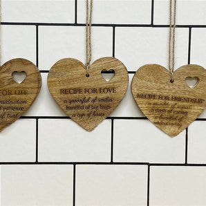 Set of 4 Wood Hanging Black Etched Life Recipe Heart Plaque