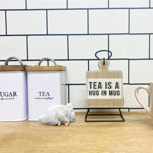 Set of Six Tea Slogan Coasters On Metal Stand