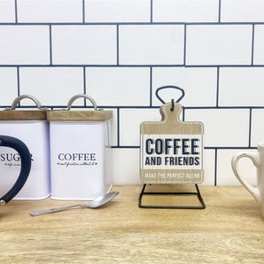 Set of Six Coffee Slogan Coasters On Metal Stand