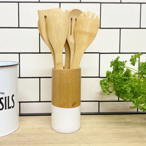 Six Piece Wooden Utensils with Round Holder