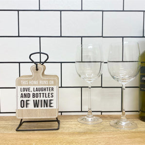 Set of Six Wine Slogan Coasters On Metal Stand