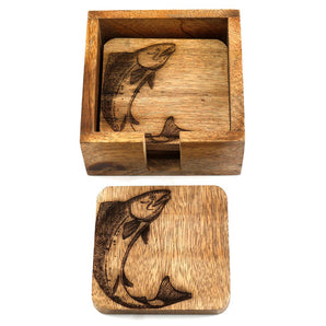 Set Of Four Wooden Engraved Salmon Coasters