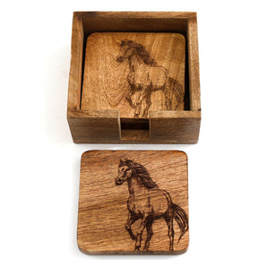 Set Of Four Wooden Engraved Horse Coasters