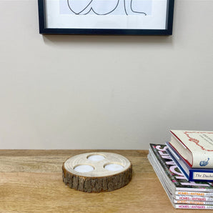 Wooden Triple Tealight Holder with Bark Detail