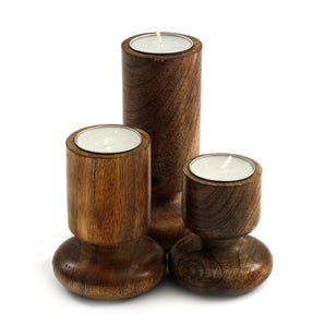 Set of Three Wooden Candlestick or Tea Light Holders